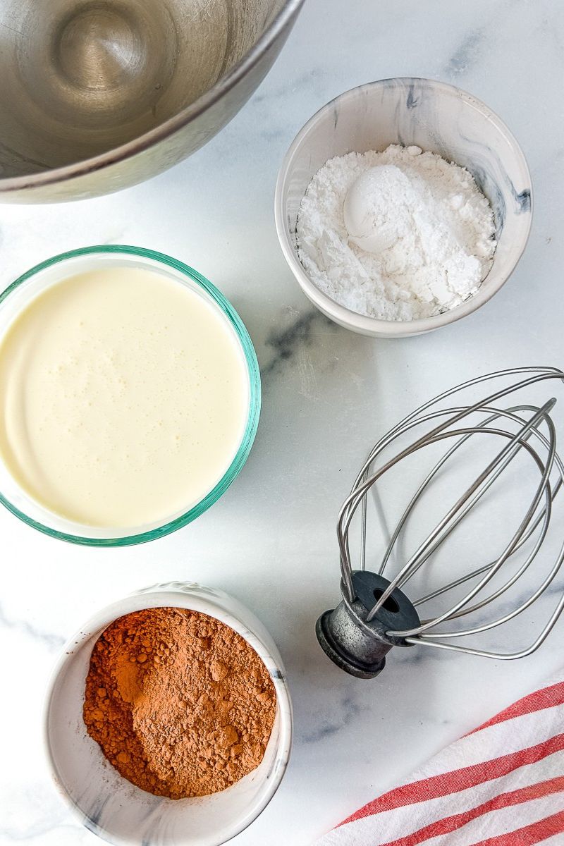 A bowl of cream, white powder, and cocoa with a mixing bowl and mixer whisk.
