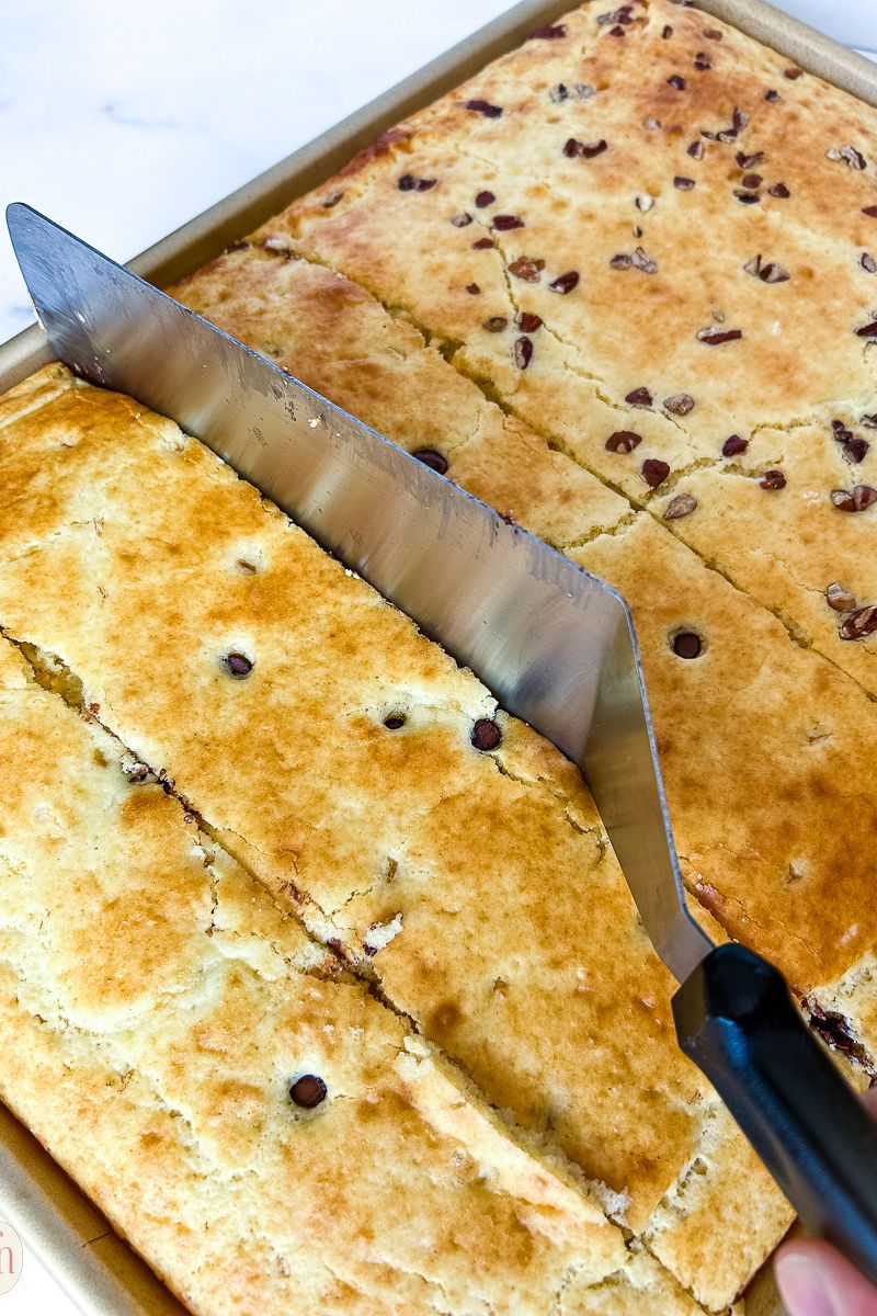 A sheet pan of pancake sliced.
