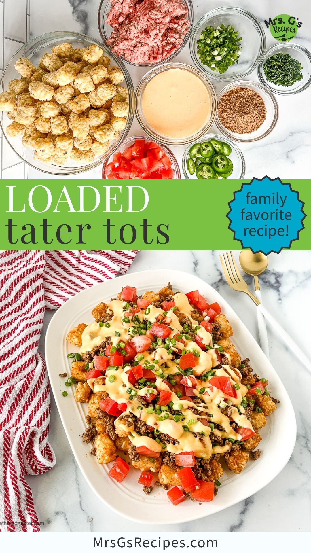 Titled graphic collage of 2 loaded tater tots images.