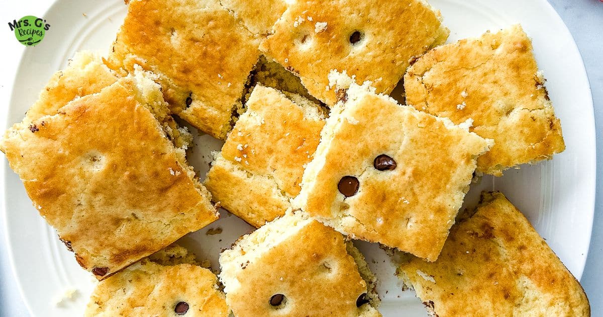 A platter of sliced sheet pan pancakes.