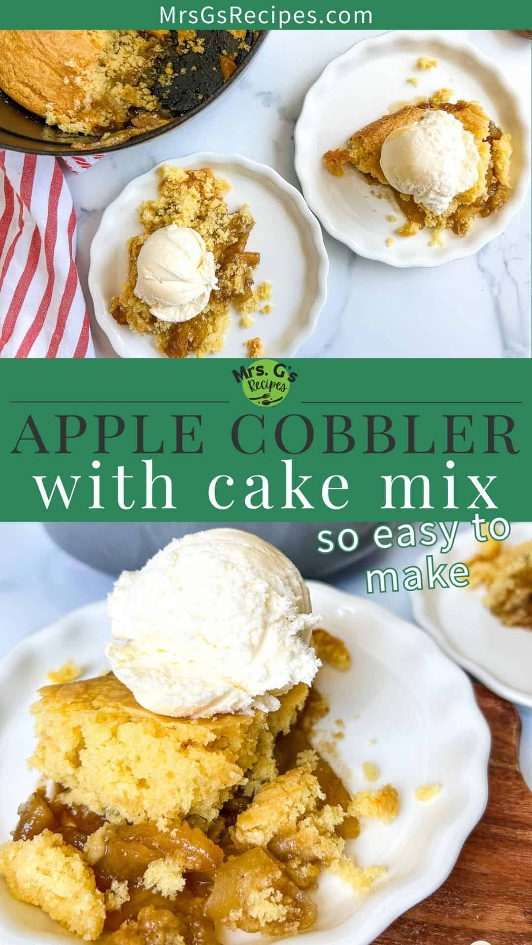 Titled graphic collage of 2 apple cobbler with cake mix images.
