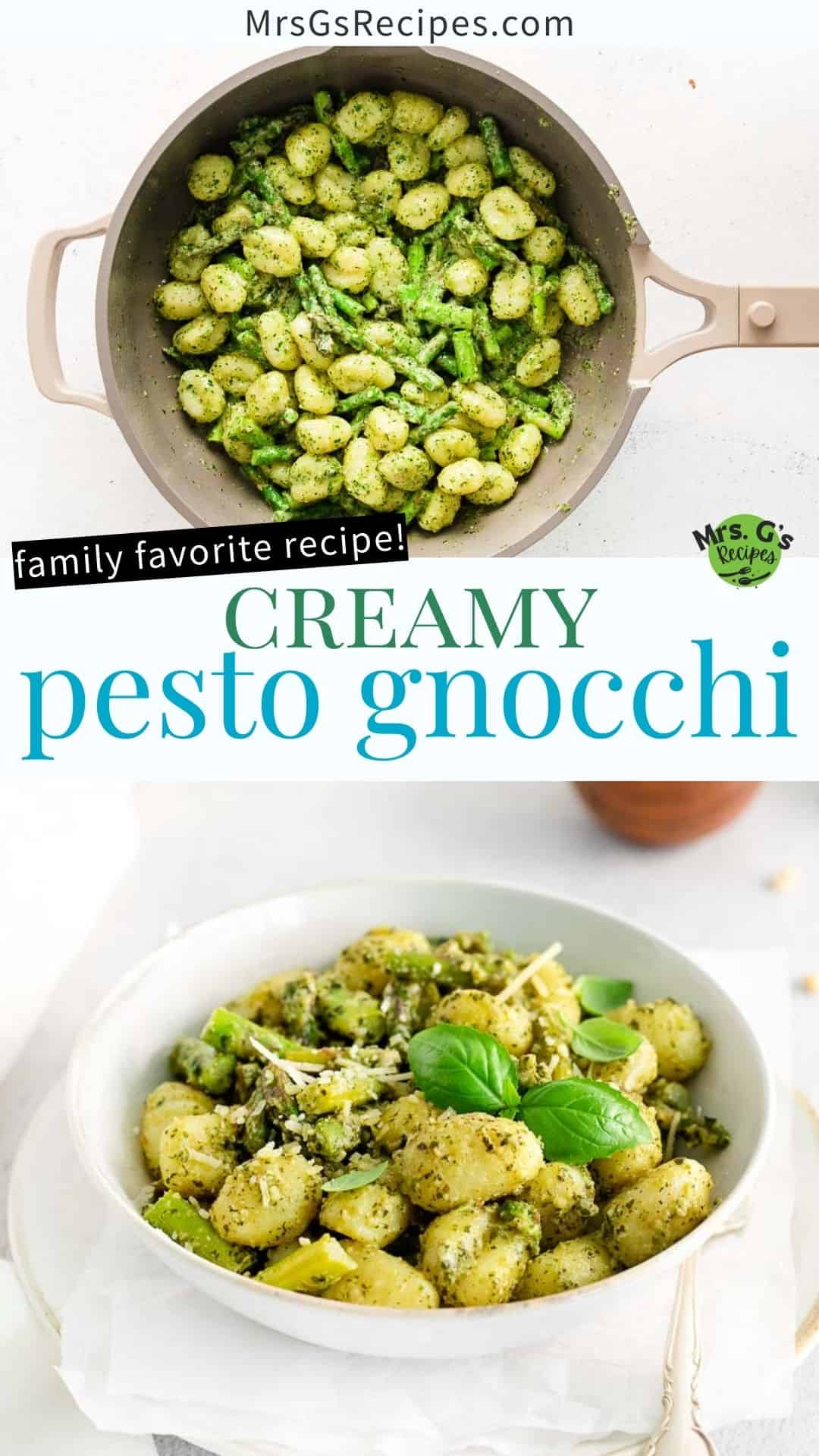 Titled graphic collage of 2 pesto gnocchi images.