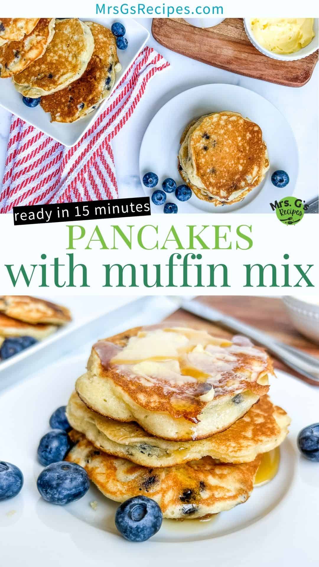Titled graphic collage of 2 muffin mix pancake images.
