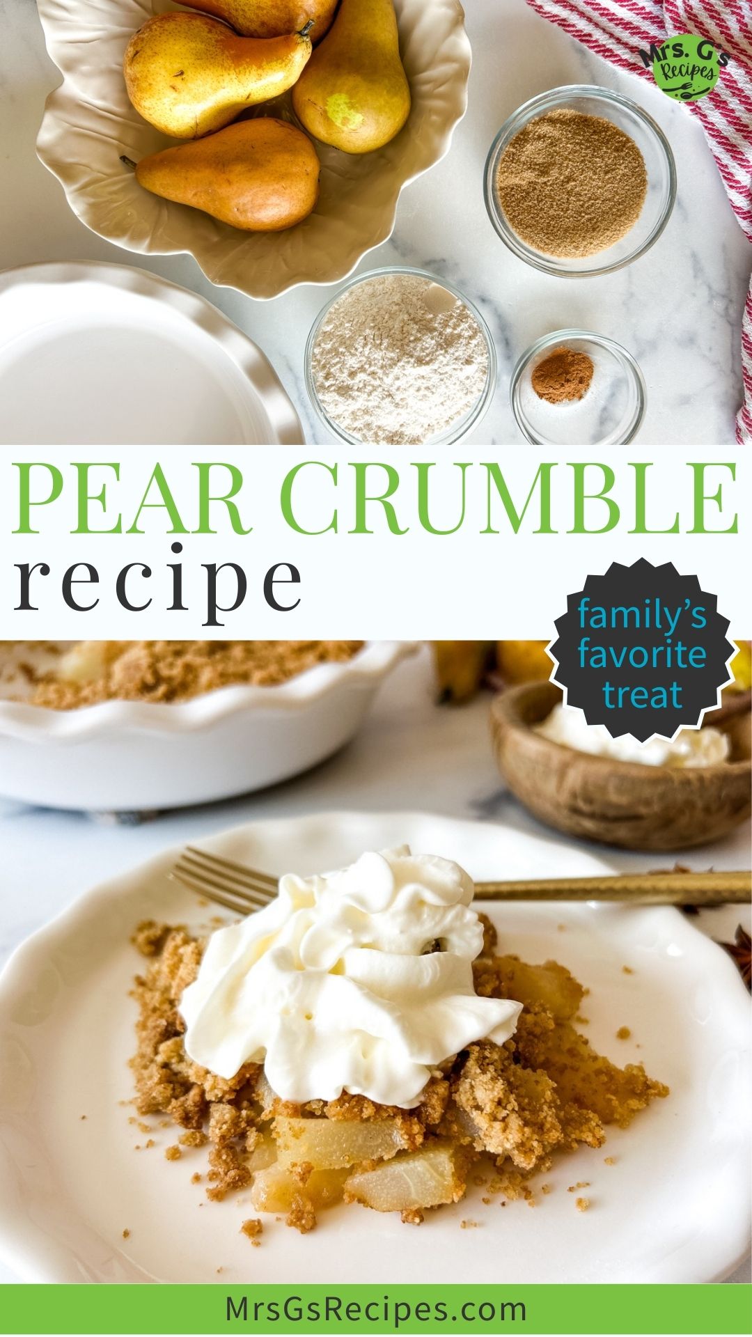 Titled graphic collage of 2 pear crumble images.