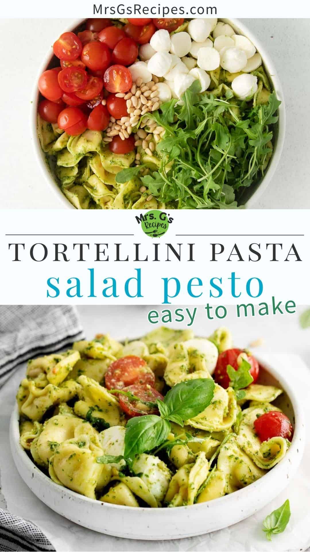 Titled graphic collage of 2 tortellini pasta salad images.