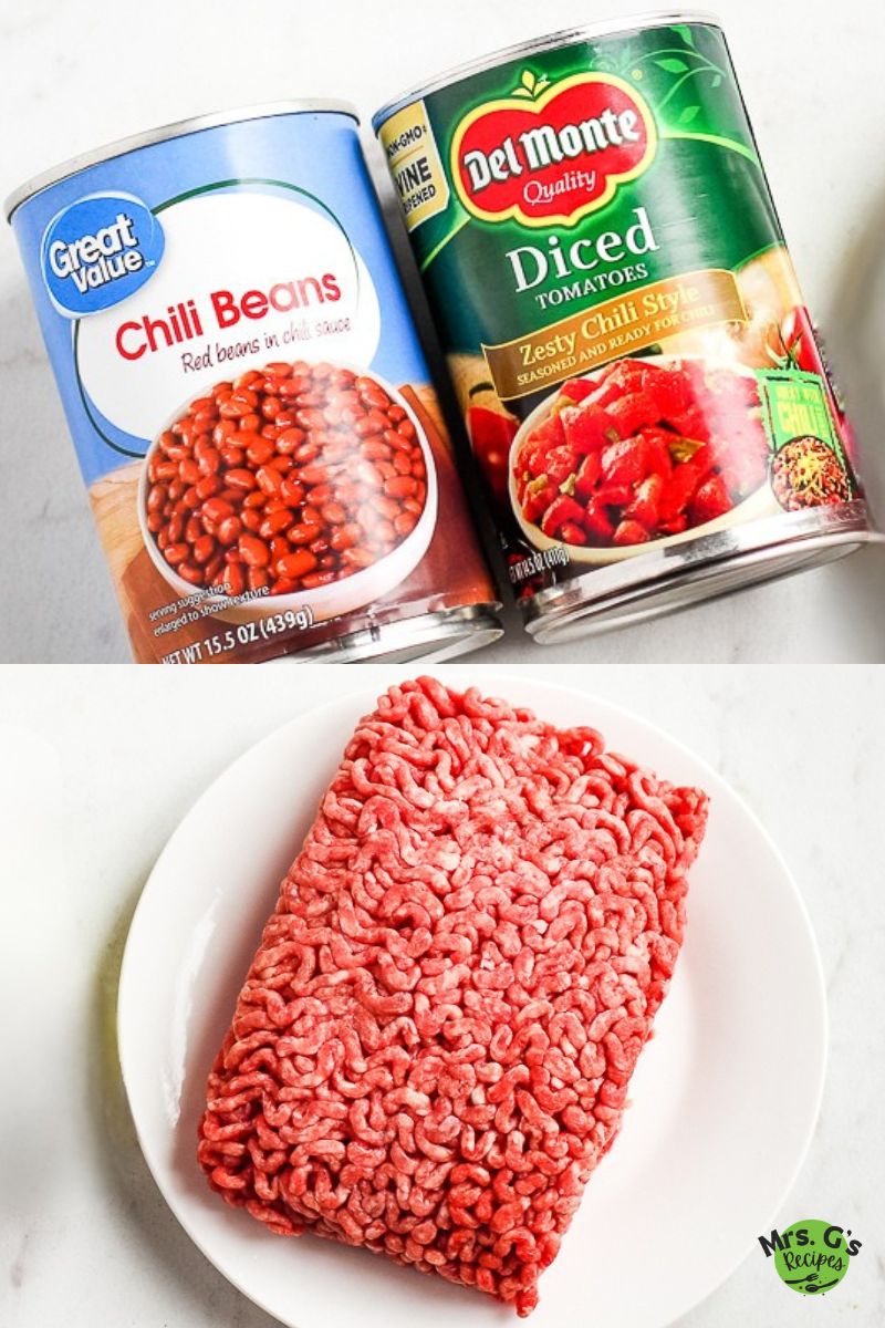 2 cans of beans and a plate of ground meat.