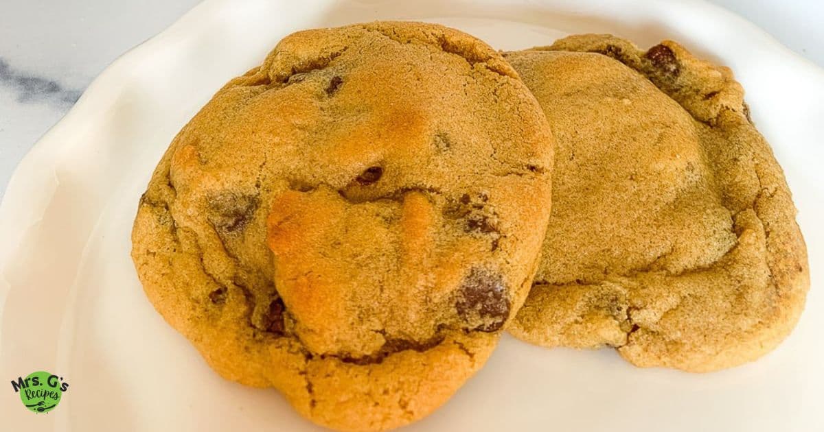 2 chocolate chip cookies on a plate.