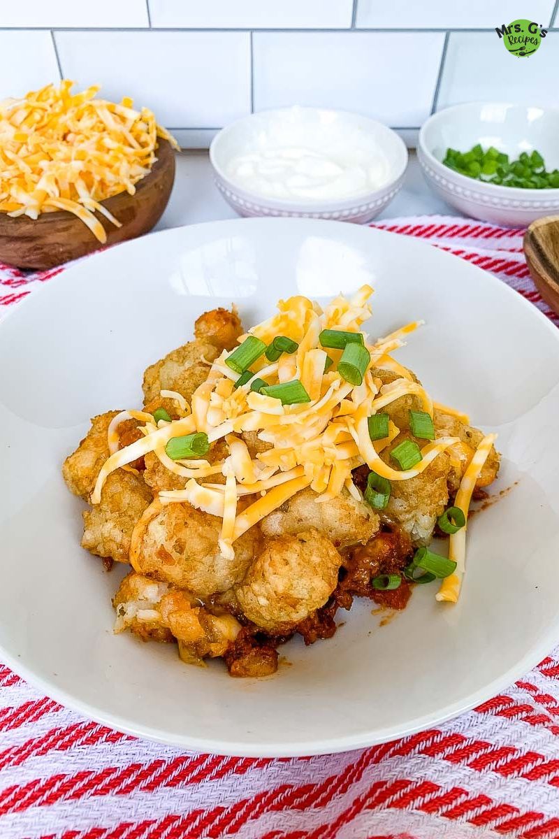 A bowl of chili tater tot casserole. 