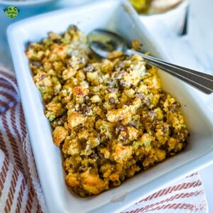 A platter of jiffy cornbread stuffing.