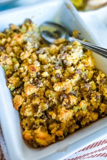 A platter of jiffy cornbread stuffing.