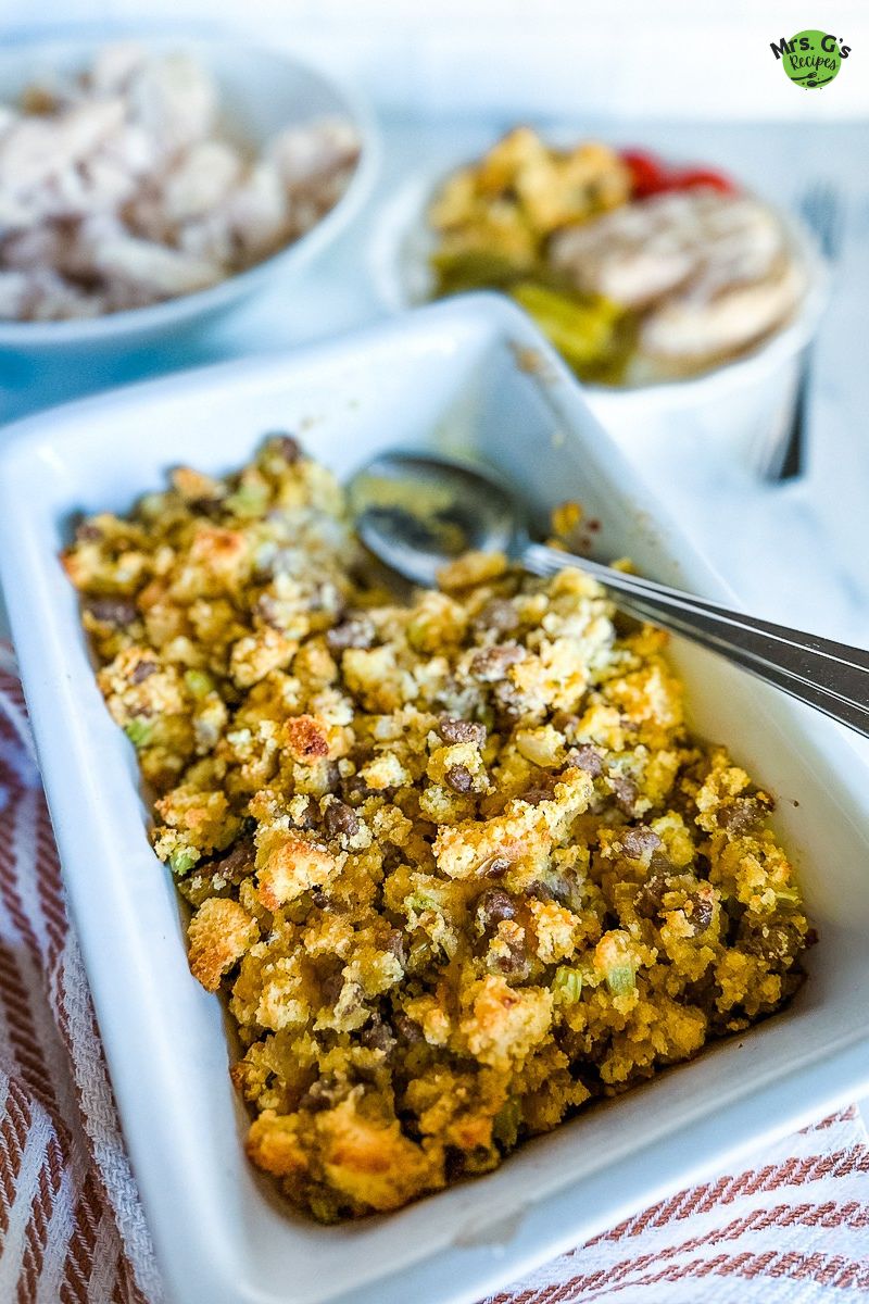 A platter of jiffy cornbread stuffing.