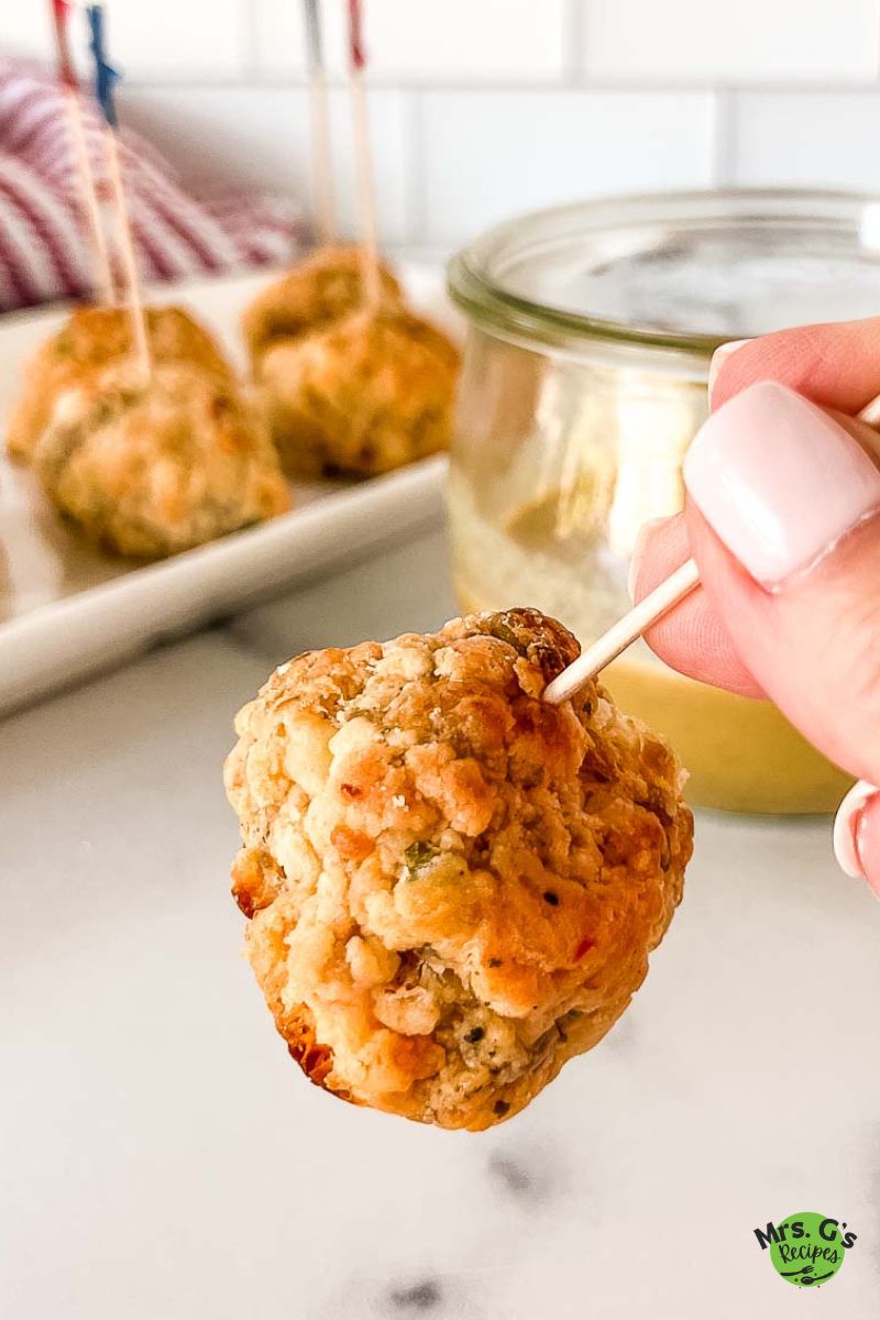 Sausage balls with toothpick.