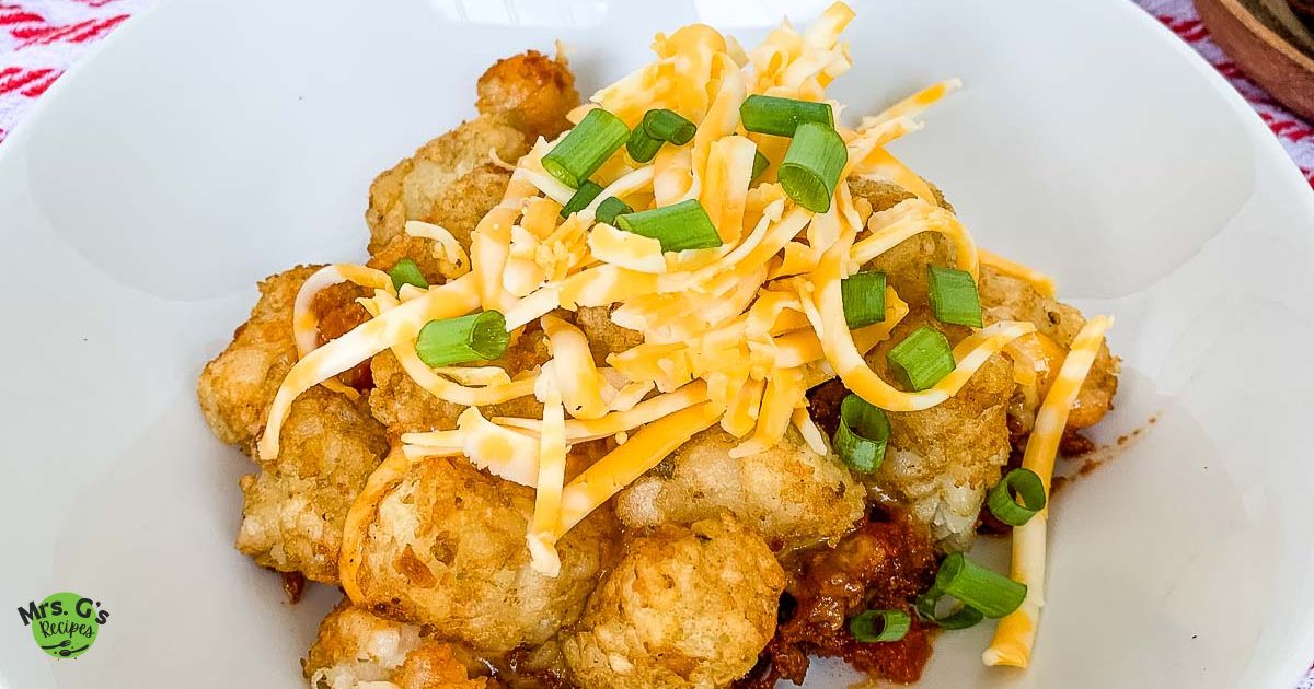 A bowl of chili tater tot casserole.