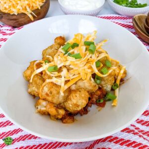 A bowl of chili tater tot casserole.