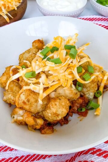 A bowl of chili tater tot casserole.