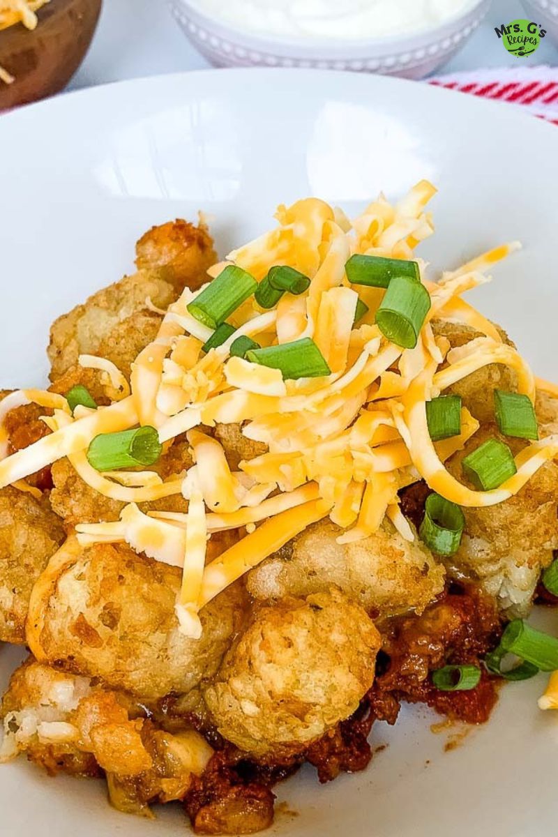 A bowl of chili tater tot casserole.