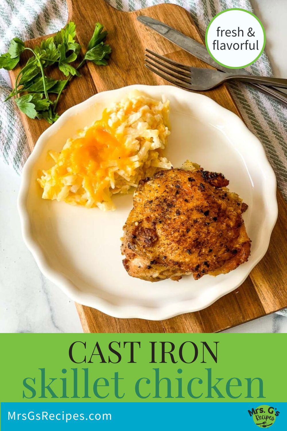 a graphic pin image of chicken thighs in cast iron skillet.