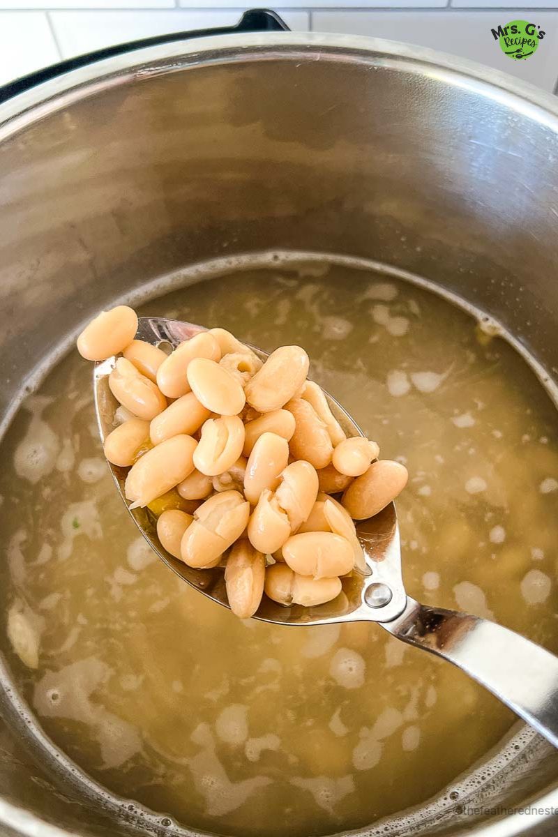 A spoonful of Instant Pot white beans held above the pressure cooker.