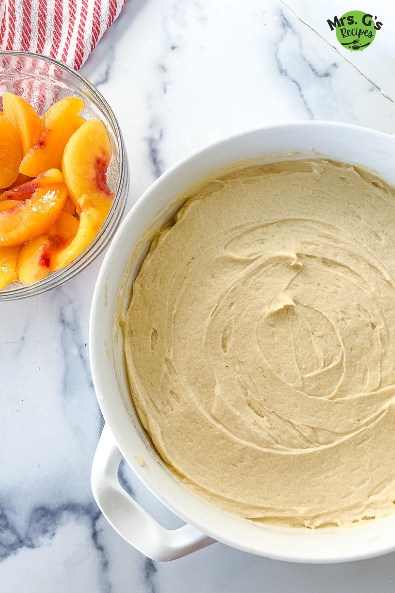 unbaked batter in a round baking dish.
