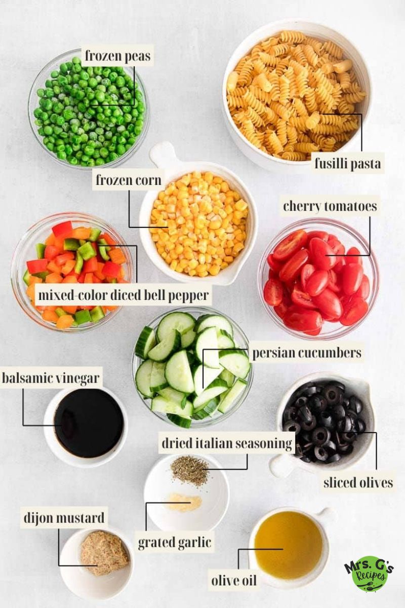 Labeled ingredient image for pasta salad recipe.